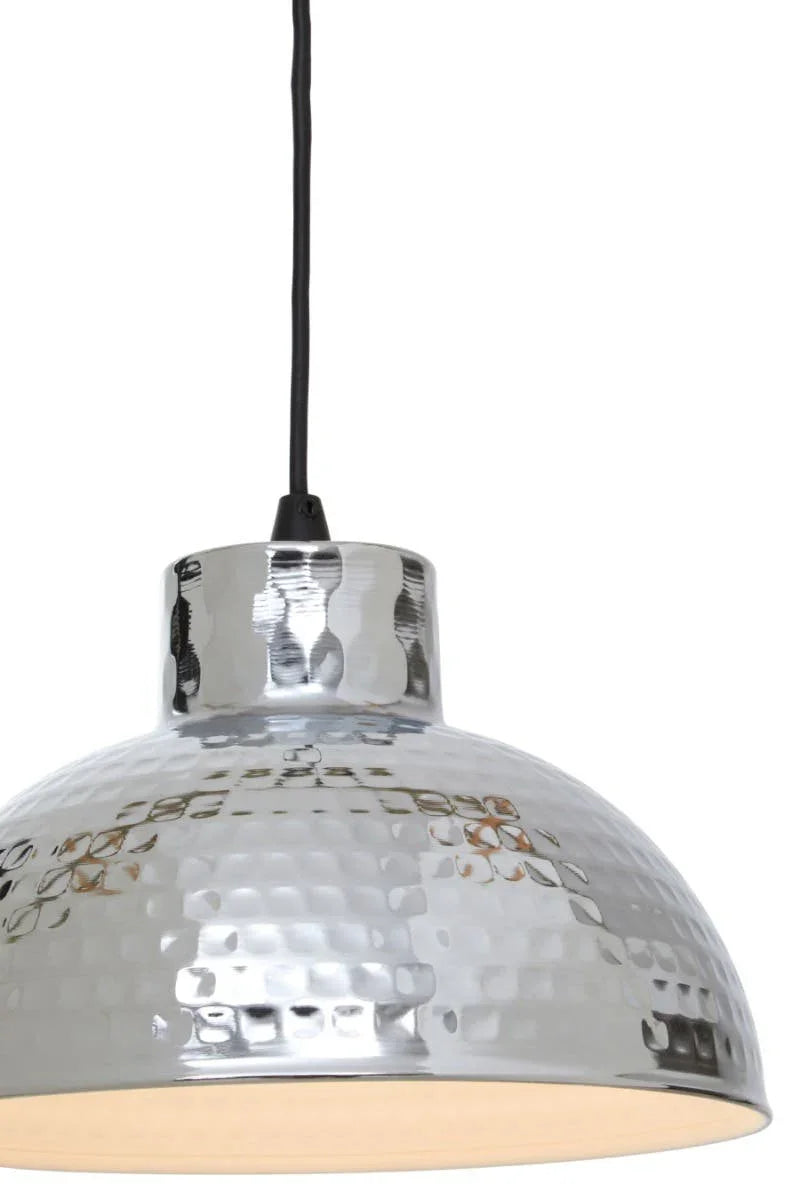 Hammered chrome pendant ceiling light with black cord and dome shade