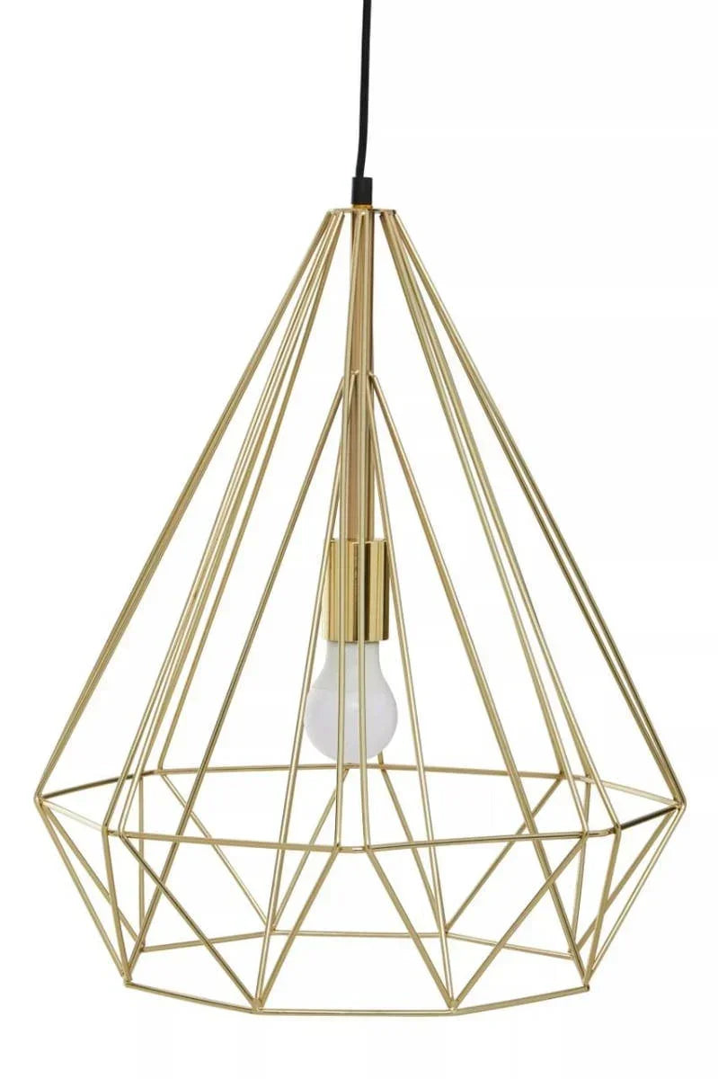 Gold geometric metal pendant light with exposed bulb and black cord