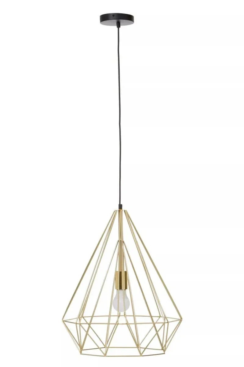 Gold geometric pendant light with open metal frame and exposed bulb hanging from black cord