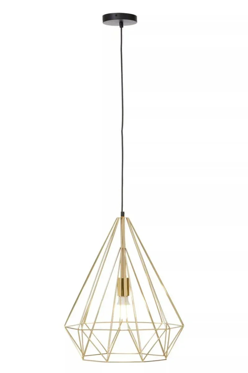 Gold geometric pendant light with exposed bulb and black ceiling mount