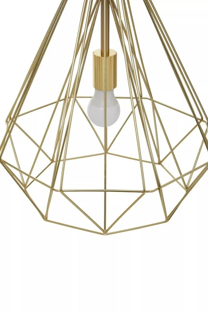 Gold wire pendant light with exposed bulb and geometric metal frame