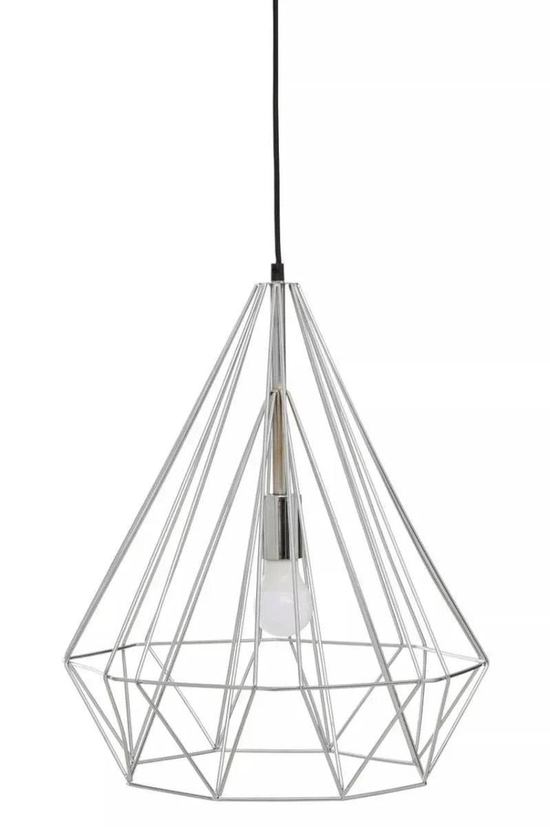 Modern geometric metal pendant light with exposed bulb and silver wire frame