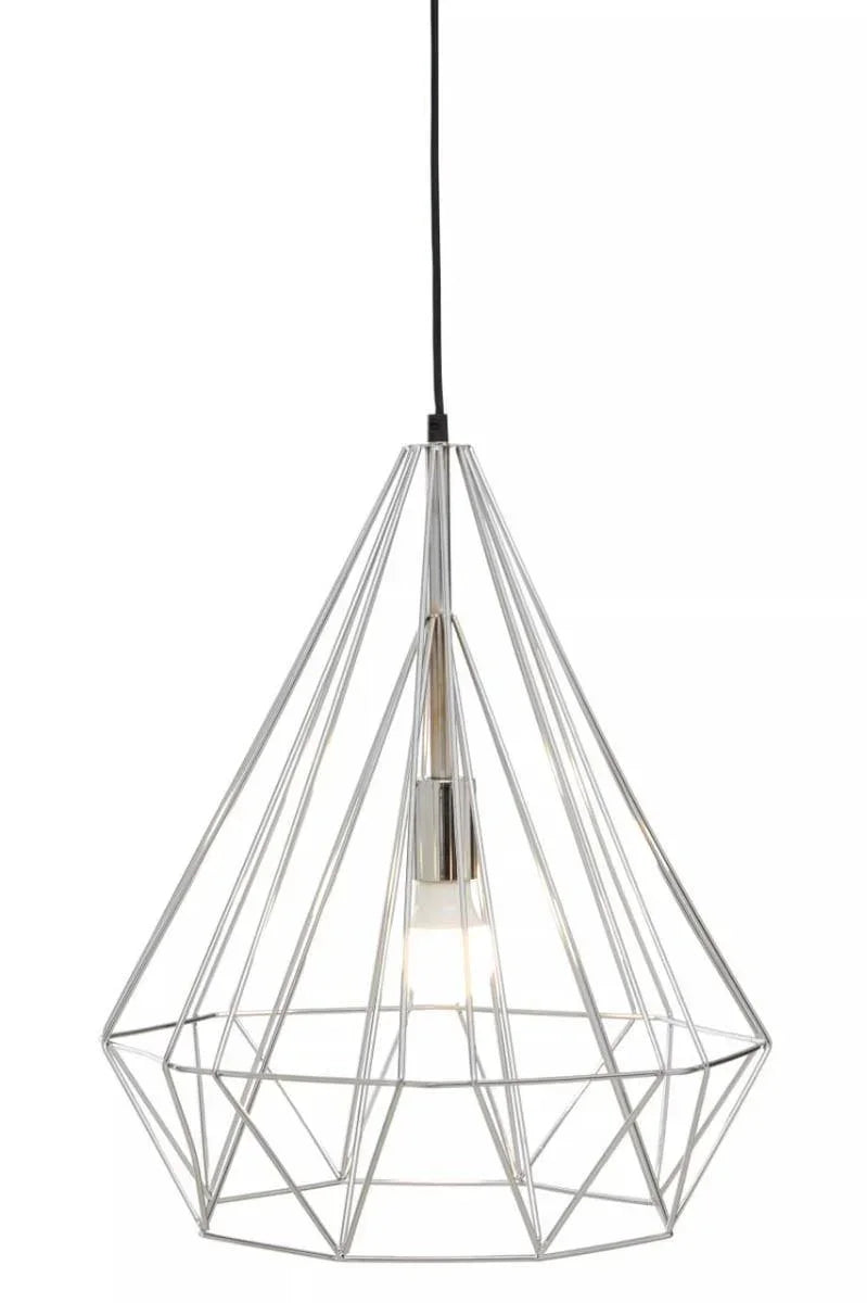 Chrome wire frame pendant light with geometric design and exposed bulb