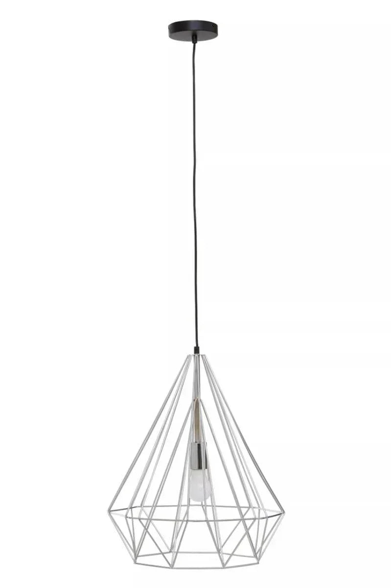 Modern geometric pendant ceiling light with chrome metal wire frame and exposed bulb