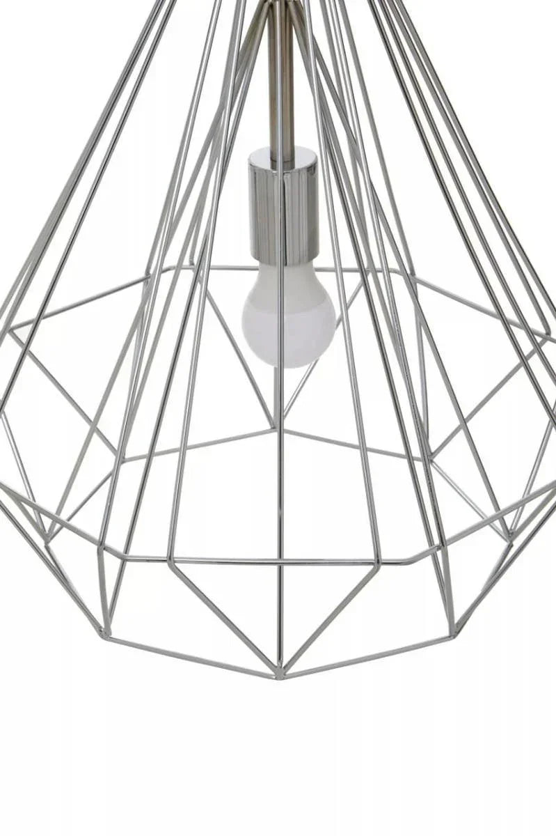 Chrome wire pendant light shade with geometric design and exposed bulb