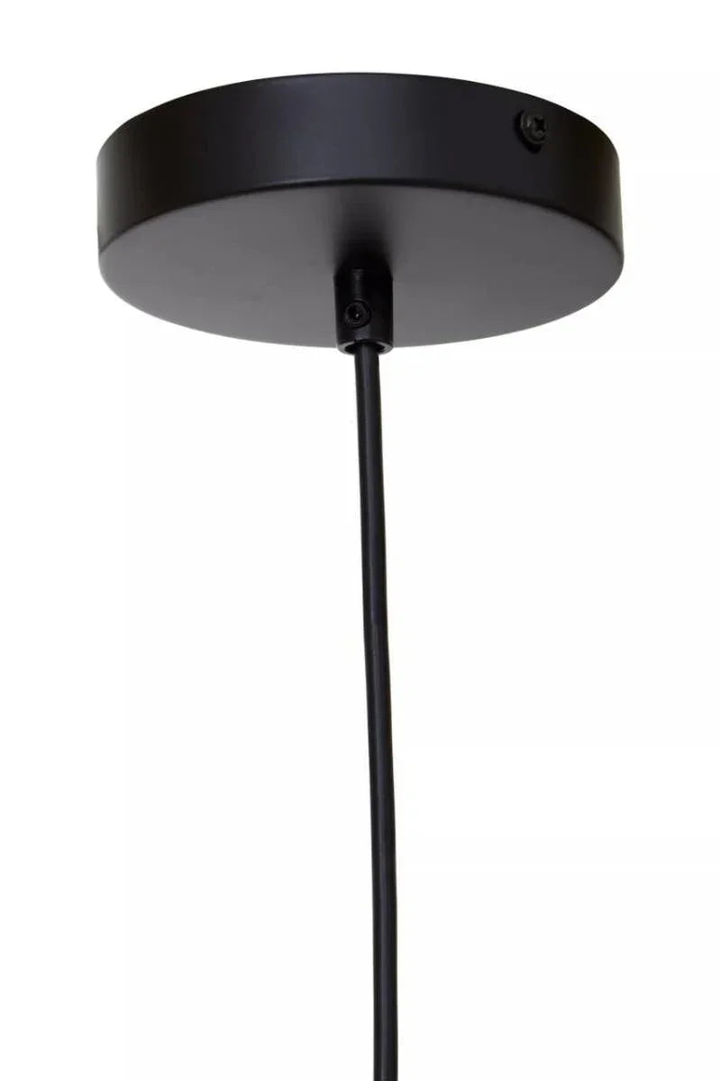Black ceiling pendant light fixture base with hanging cable, close-up view