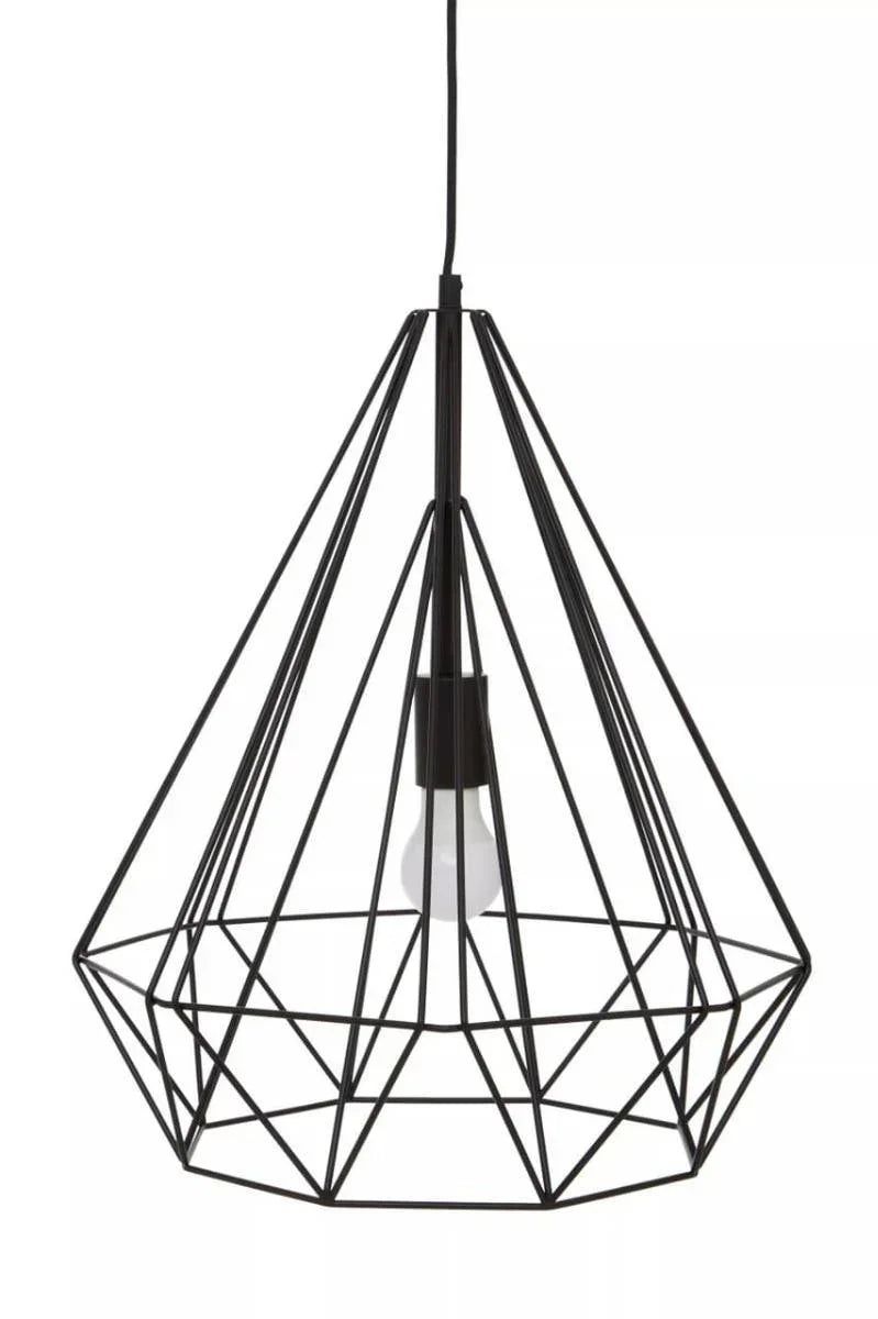 Black geometric metal pendant light fitting with exposed bulb