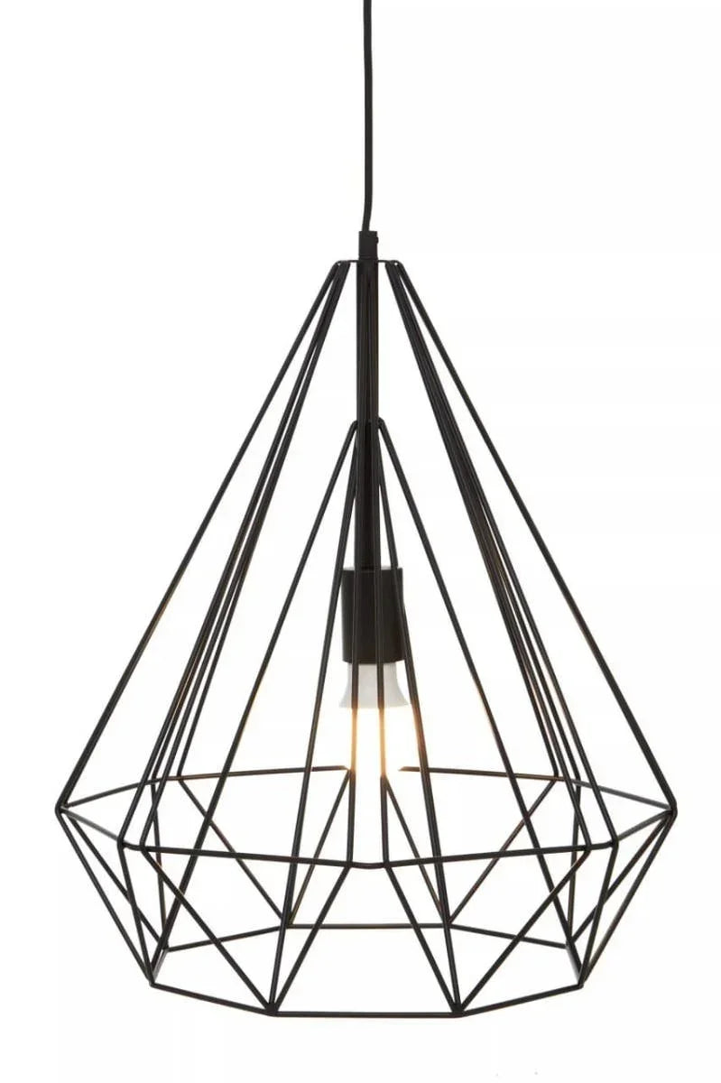 Black geometric metal pendant light with exposed bulb, modern ceiling lighting fixture