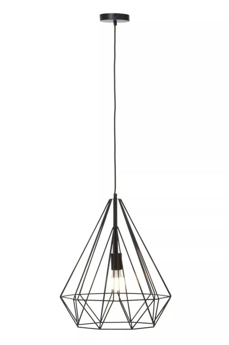 black geometric pendant light with exposed bulb and metal cage design