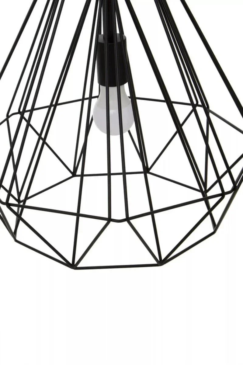 Black geometric metal pendant light with exposed bulb and wire frame design