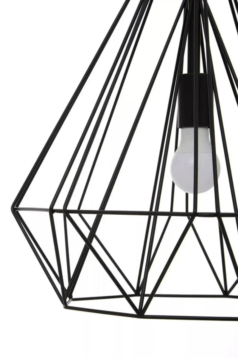 Black geometric metal pendant light with exposed bulb, close-up of wire frame design