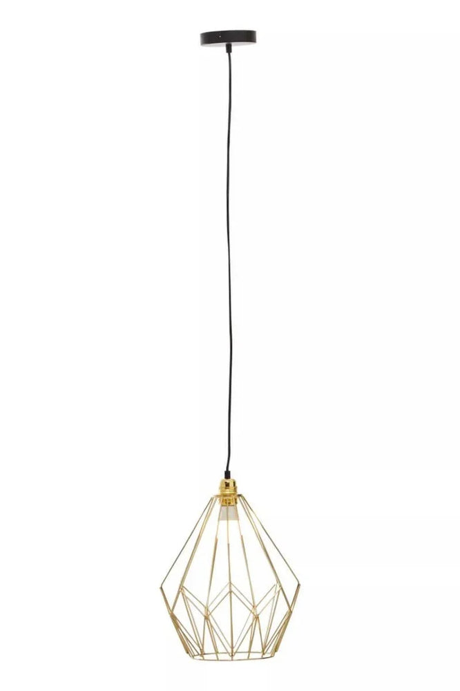 Gold metal geometric pendant light with black ceiling rose and exposed bulb