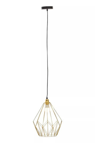Gold metal geometric pendant light with black ceiling rose and exposed bulb
