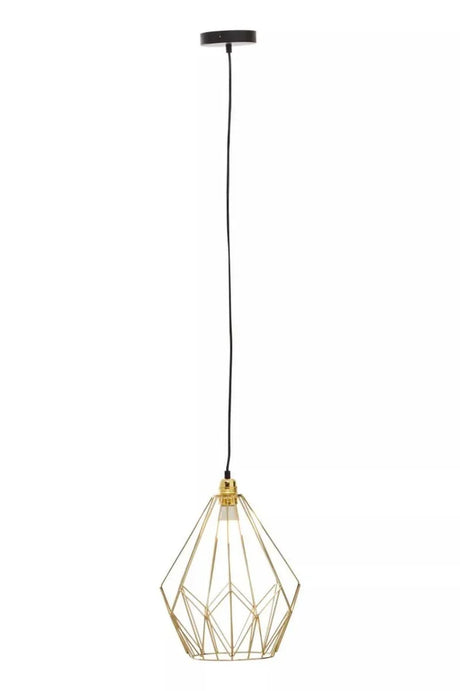 Gold metal geometric pendant light with black ceiling rose and exposed bulb