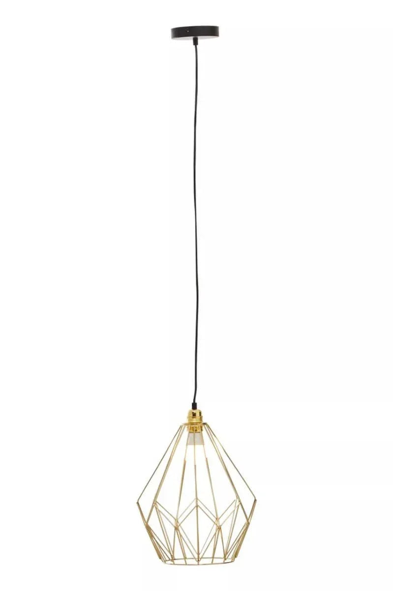 Gold metal geometric pendant light with black ceiling rose and exposed bulb