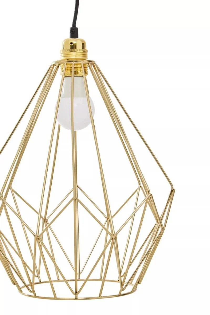 Gold metal wire pendant light shade with exposed bulb and geometric design