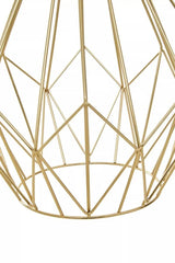 Gold geometric metal table base with openwork wire design, close-up view