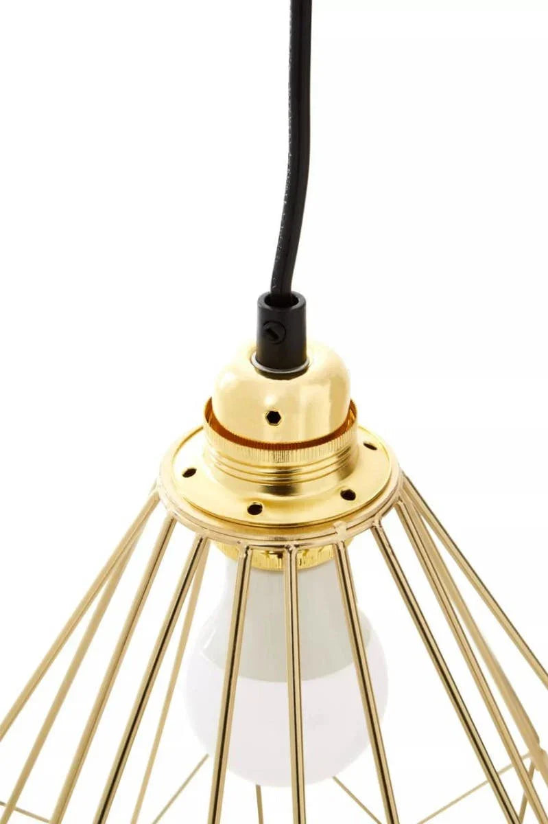 Gold metal pendant light with exposed bulb and wire cage shade, close view of fixture