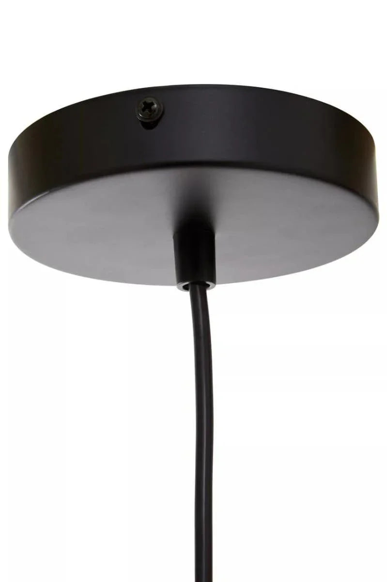 Black ceiling light fitting canopy with electrical cord and metal screw detail