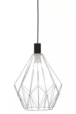 Geometric metal pendant light with black cord and exposed bulb, modern ceiling lighting