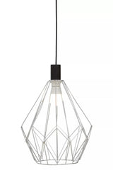 Geometric metal pendant light with black cord and exposed bulb, modern ceiling lighting