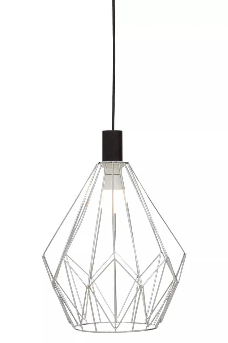 Geometric metal pendant light with black cord and exposed bulb, modern ceiling lighting