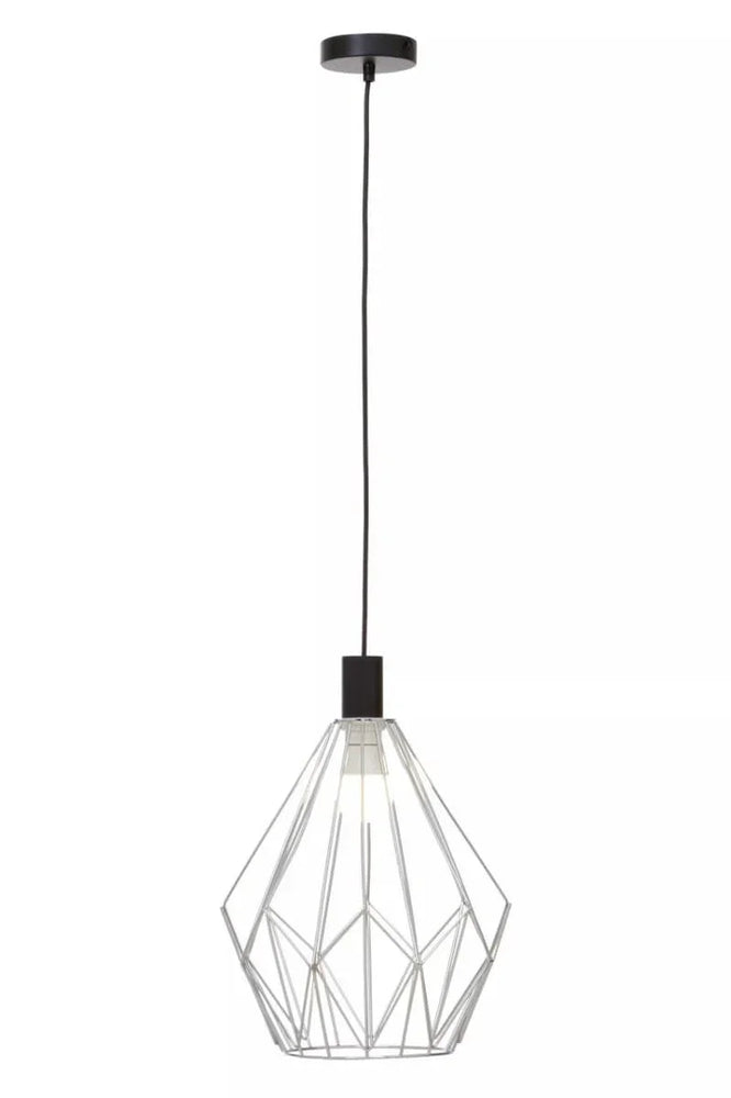 Geometric metal pendant light with black cord and open wire frame shade