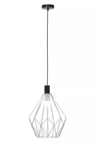 Geometric metal pendant light with black cord and open wire frame shade