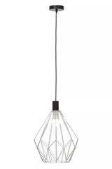 Geometric metal pendant light with black cord and open wire frame shade