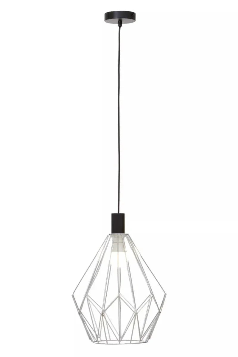 Geometric metal pendant light with black cord and open wire frame shade