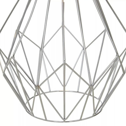 Geometric chrome metal pendant light shade with open wire frame detail