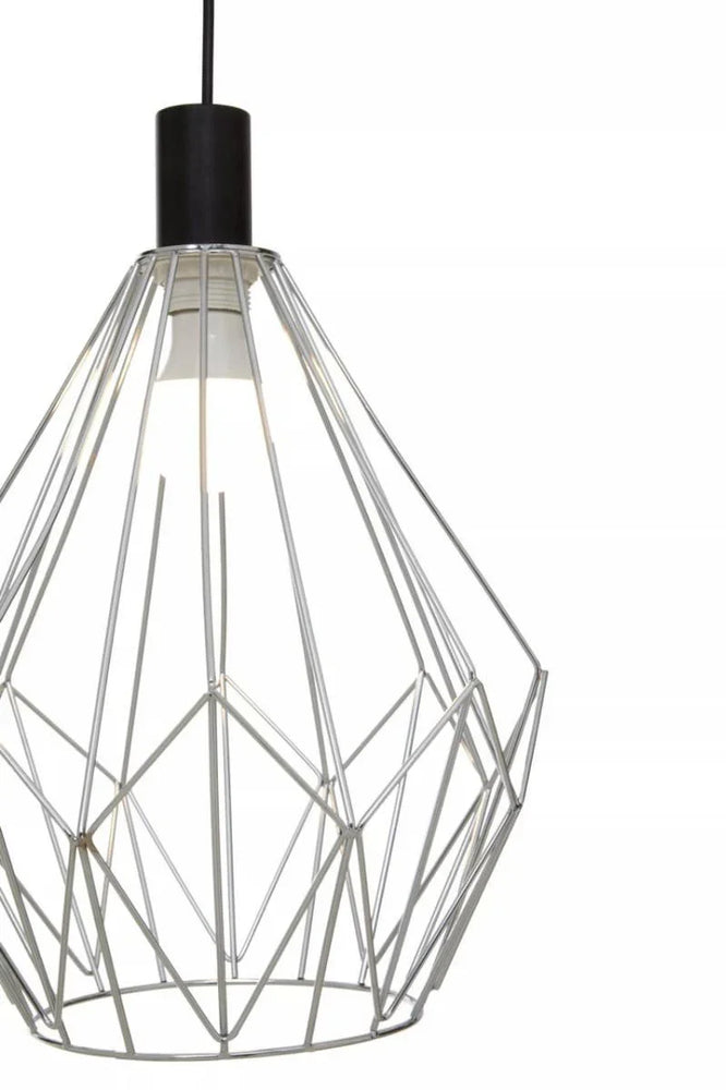 Modern metal wire pendant light with geometric cage design and exposed bulb
