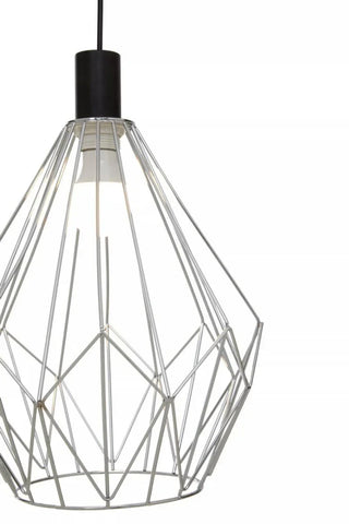 Modern metal wire pendant light with geometric cage design and exposed bulb