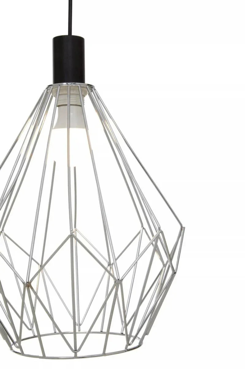 Modern metal wire pendant light with geometric cage design and exposed bulb