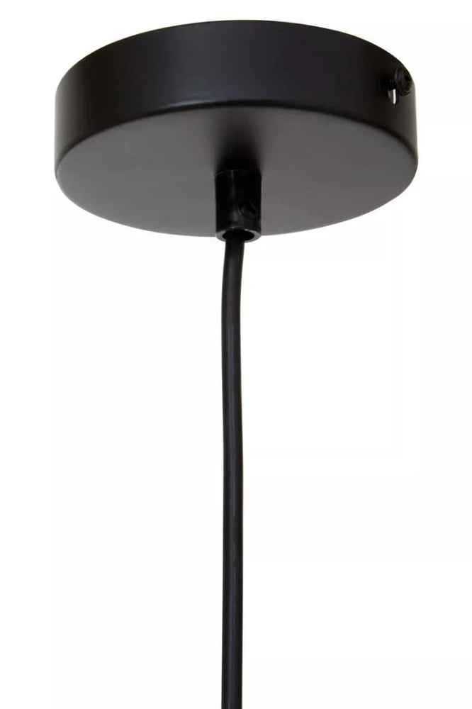 Black ceiling pendant light canopy with cord in close-up view