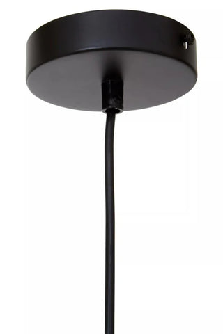 Black ceiling pendant light canopy with cord in close-up view