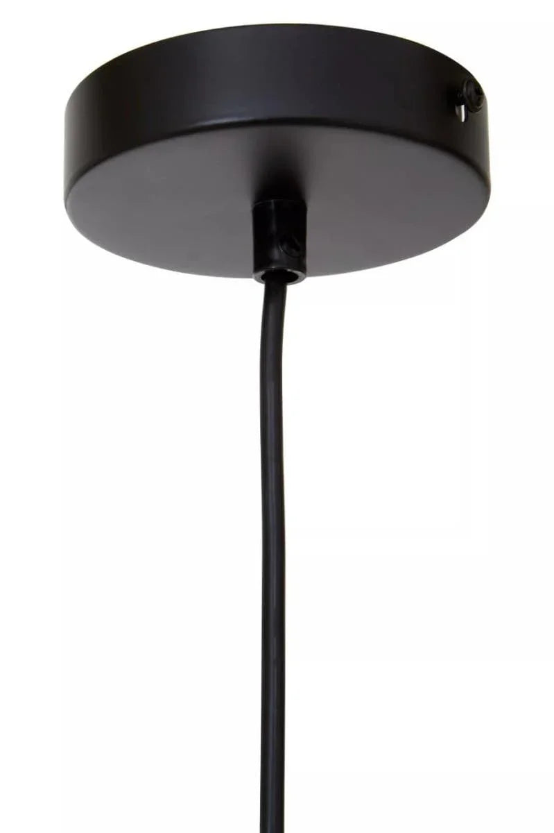 Black ceiling pendant light canopy with cord in close-up view