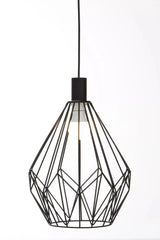 Black geometric metal pendant light with exposed bulb and modern wire cage design