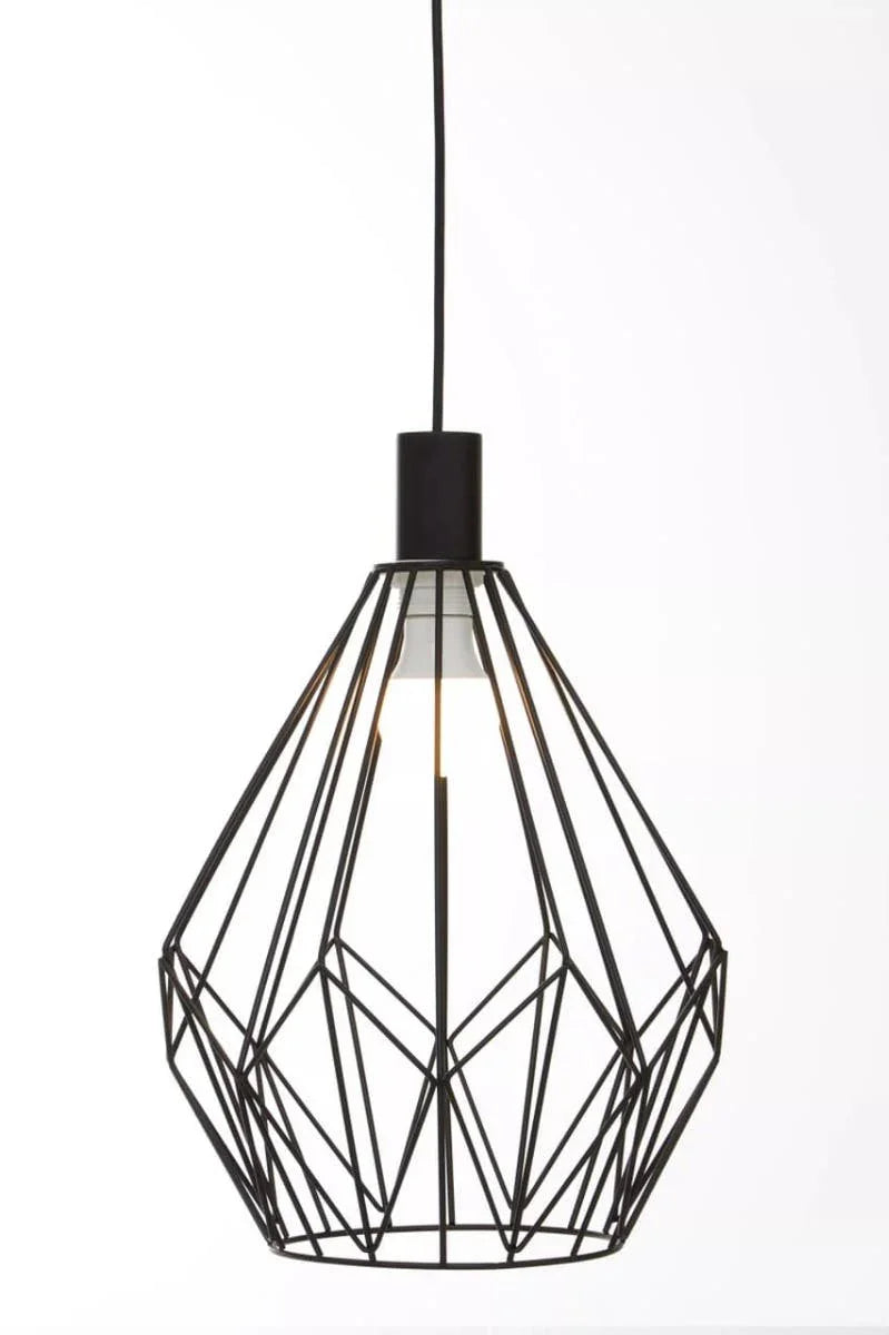 Black geometric metal pendant light with exposed bulb and modern wire cage design