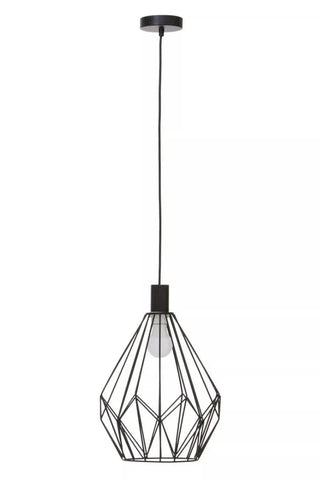 Black geometric metal pendant light with exposed bulb and ceiling rose