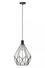 Black geometric metal pendant light with exposed bulb and ceiling rose