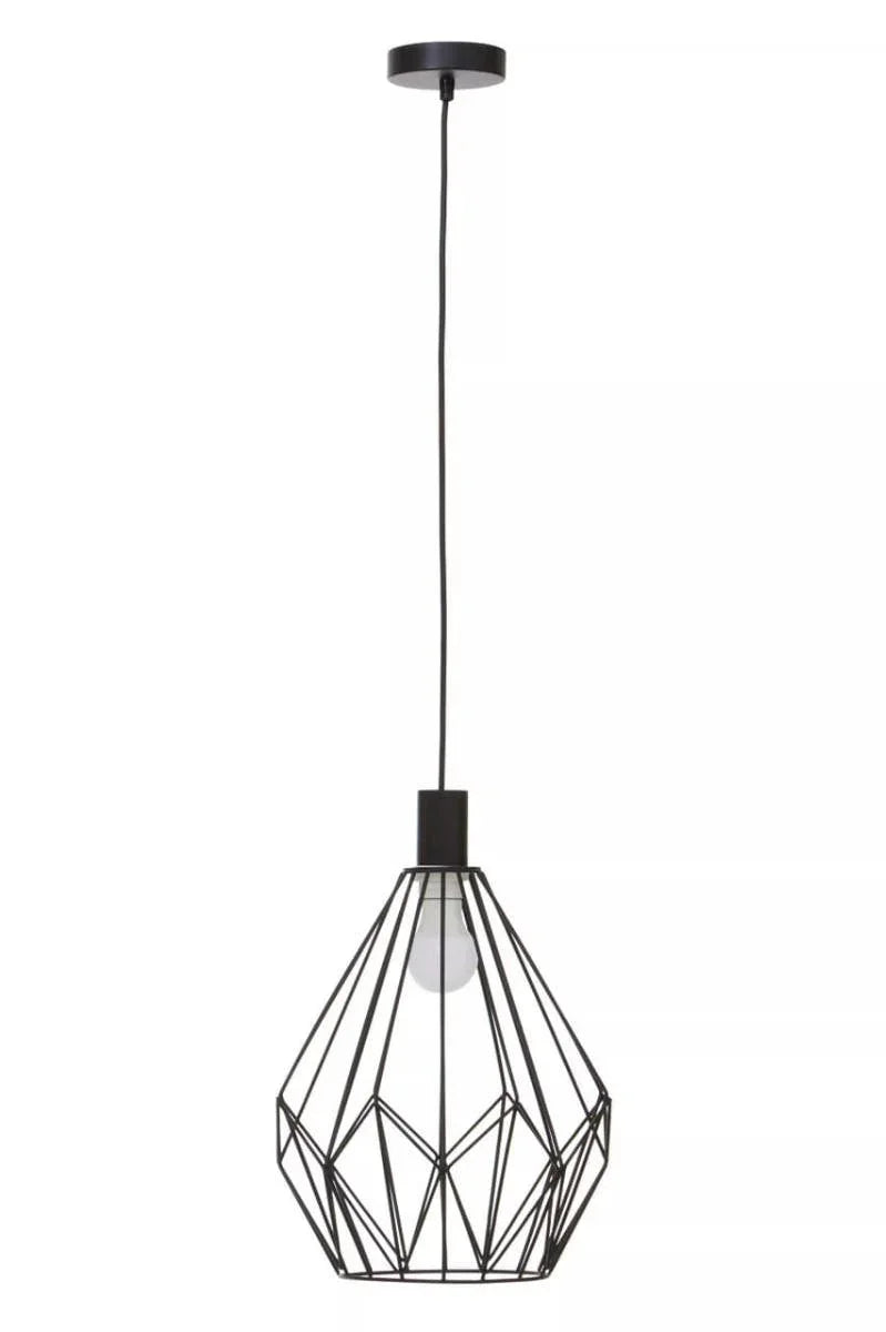 Black geometric metal pendant light with exposed bulb and ceiling rose