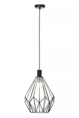 Modern black metal pendant light with geometric wire frame and exposed bulb