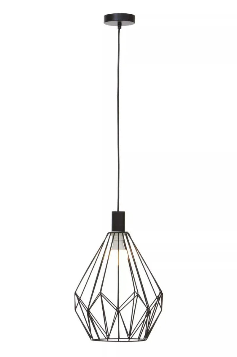 Modern black metal pendant light with geometric wire frame and exposed bulb