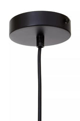 Black metal pendant light ceiling rose with attached cable, close up view