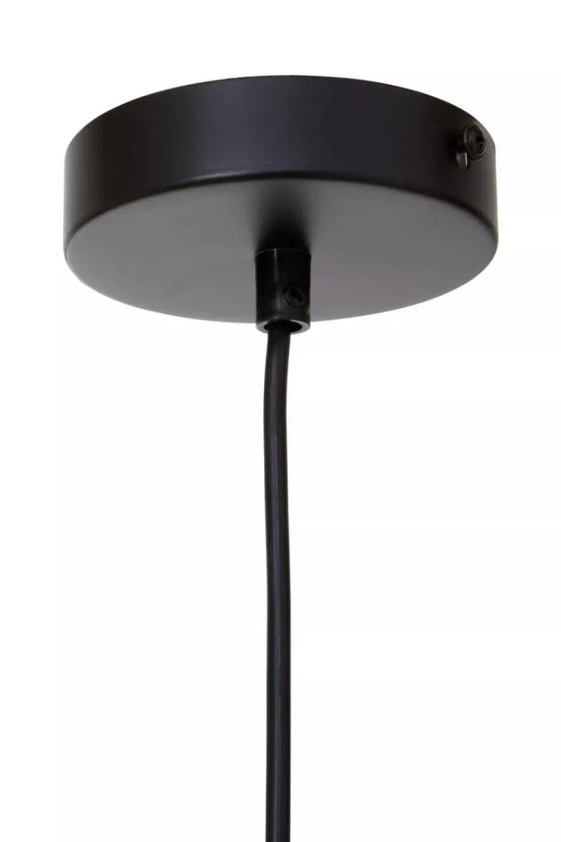 Black metal pendant light ceiling rose with attached cable, close up view