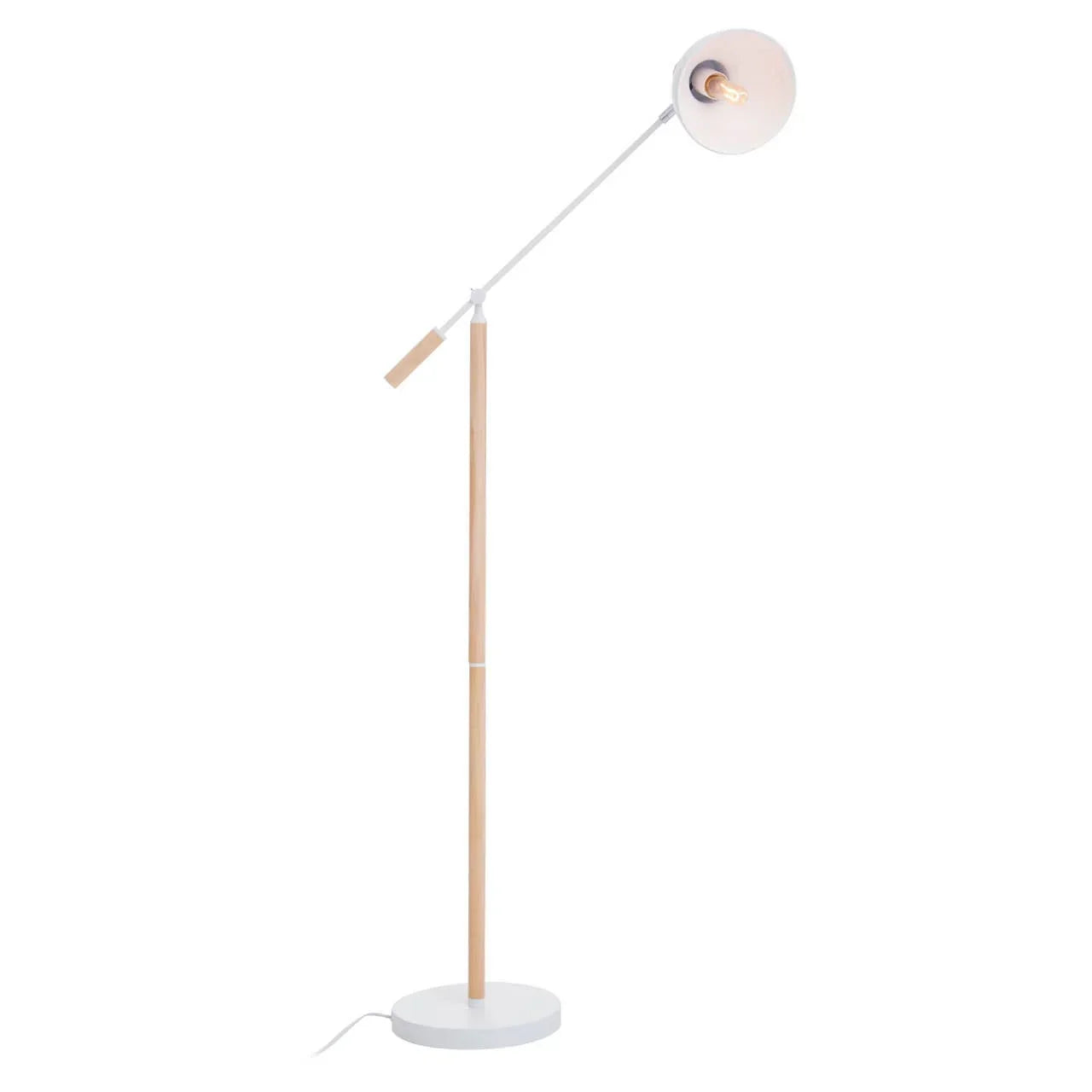 Modern floor lamp with angled white metal shade and wooden stand on white background