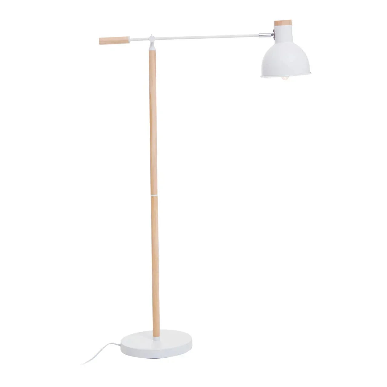Modern floor lamp with wooden stand and white metal shade on round base