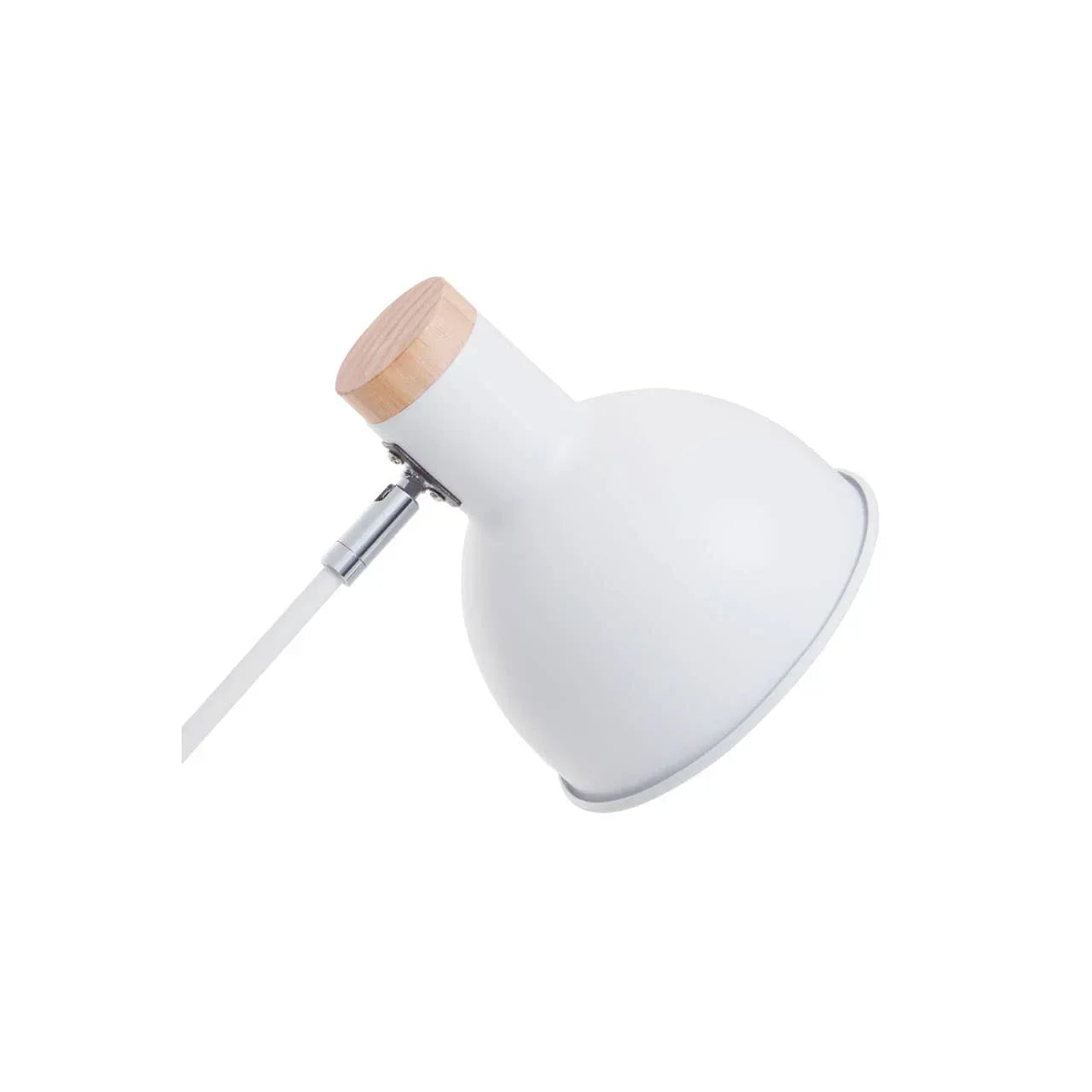White metal desk lamp with wood accent on top, adjustable head, close-up side view