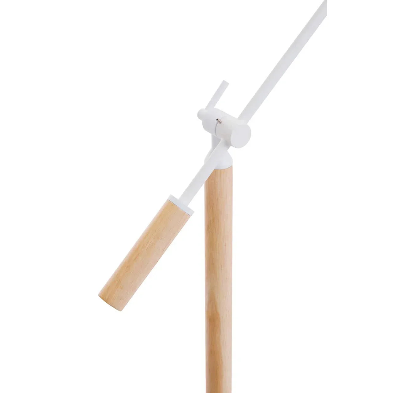 Modern desk lamp with wooden base and white adjustable metal arm